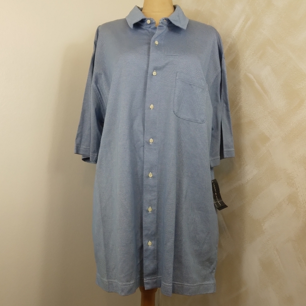 Tommy Hilfiger Short Sleeve Button Up Blue White 100% Cotton